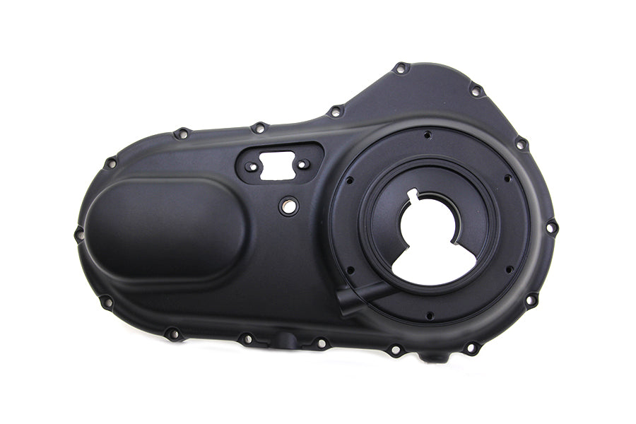 Black Motorshop drive line outer primary cover for motorcycle, showcasing the sleek, durable design with detailed detailing.