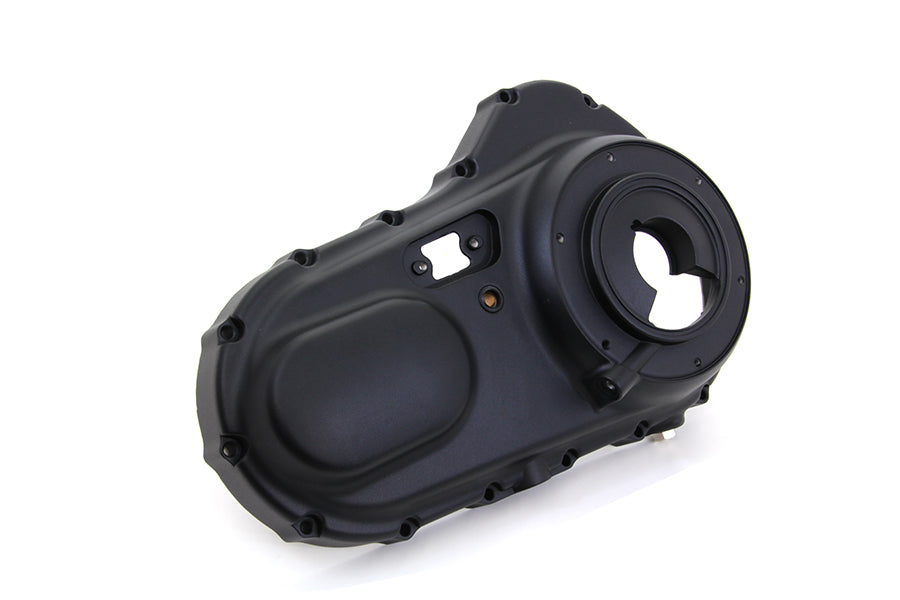 Black Motorshop outer primary cover for drive line, shown in the image with a sleek finish and detailed design.