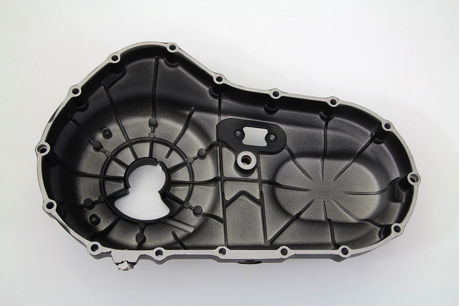 MotorShop black outer primary cover for drive line, showing the durable metal finish and detailed design on a motorcycle.