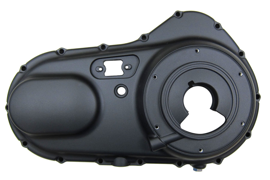 Black Motorshop outer primary cover for drive line, showcasing the durable, sleek motorcycle engine protection component.