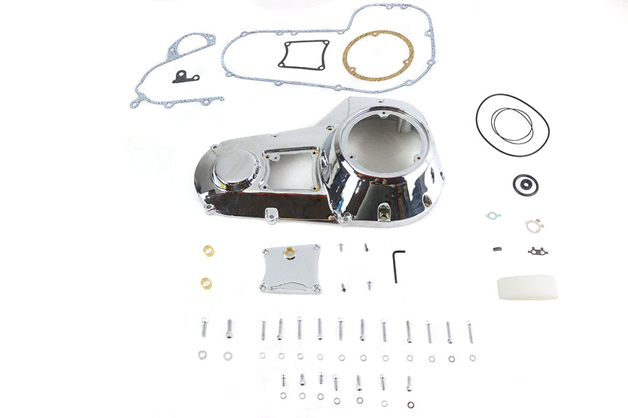 Chrome MOTORSHOP FXR outer primary cover kit for Harley Davidson FXR motorcycles, featuring a sleek drive line design.