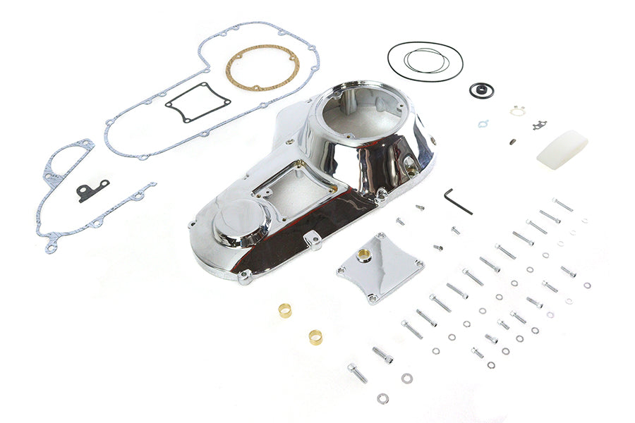 Chrome MOTORSHOP FXR Outer Primary Cover Kit for Drive Line motorcycles, featuring a polished, reflective finish.