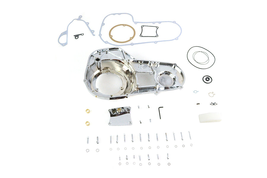 Chrome MOTORSHOP FXR outer primary cover kit for drive line, showcasing a shiny, durable motorcycle engine cover with detailed chrome finish.