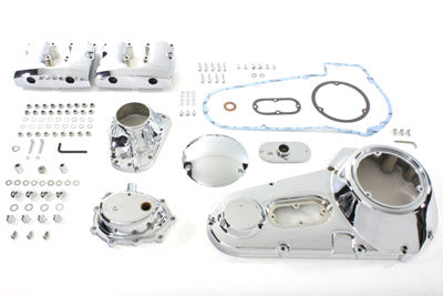 V-Twin chrome engine dress-up kit installed on motorcycle engine, enhancing appearance with polished chrome details.