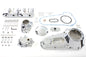 V-Twin chrome engine dress-up kit installed on motorcycle engine, enhancing appearance with polished chrome details.