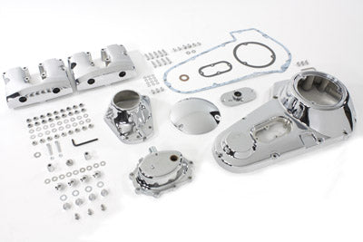 V-Twin Chrome Engine Dress Up Kit installed on motorcycle engine with shiny chrome accents and detailed components.