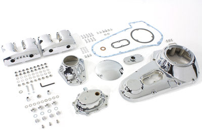 V-Twin Chrome Engine Dress Up Kit installed on motorcycle engine, enhancing appearance with shiny chrome details and polished components.