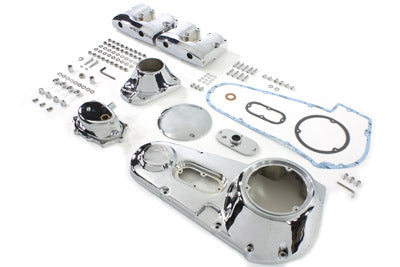 V-TWIN chrome engine dress-up kit installed on motorcycle engine, enhancing its shiny, polished appearance with chrome accents