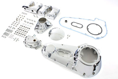 V-TWIN chrome engine dress-up kit installed on motorcycle engine, showcasing shiny chrome finish and detailed components.