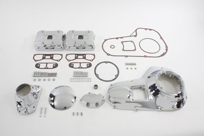 V-TWIN chrome engine dress-up kit installed on motorcycle engine, enhancing appearance with shiny chrome details and precise fit.