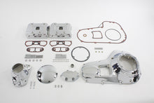 Load image into Gallery viewer, V-TWIN chrome engine dress-up kit installed on motorcycle engine, enhancing appearance with shiny chrome details and precise fit.