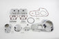 V-TWIN chrome engine dress-up kit installed on motorcycle engine, enhancing appearance with shiny chrome details and precise fit.