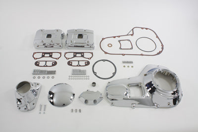 V-TWIN chrome engine dress-up kit installed on motorcycle engine, featuring polished chrome accents and detailed components.