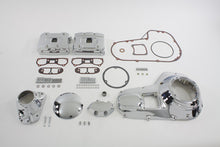 Load image into Gallery viewer, V-TWIN chrome engine dress-up kit installed on motorcycle engine, featuring polished chrome accents and detailed components.