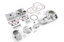 Load image into Gallery viewer, V-Twin chrome engine dress-up kit showing polished chrome covers and components on a motorcycle engine.