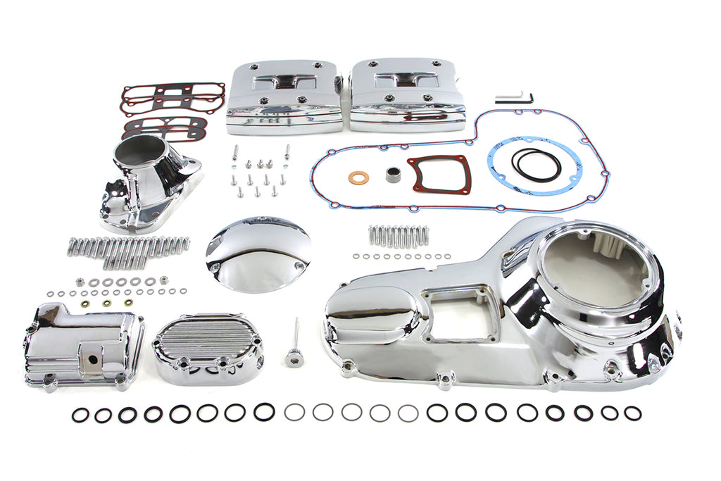 V-TWIN chrome engine dress-up kit with polished components for motorcycle engine enhancement, shown on a V-TWIN engine.