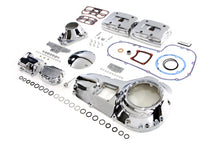 Load image into Gallery viewer, V-TWIN chrome engine dress-up kit installed on motorcycle engine for enhanced appearance and shine.