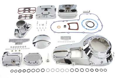 V-Twin chrome engine dress-up kit installed on motorcycle engine, enhancing appearance with shiny chrome accents.