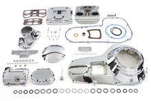 Load image into Gallery viewer, V-Twin chrome engine dress-up kit installed on motorcycle engine, enhancing appearance with shiny chrome accents.