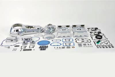 V-Twin chrome engine dress-up kit installed on motorcycle engine showcasing shiny chrome details and V-Twin branding.