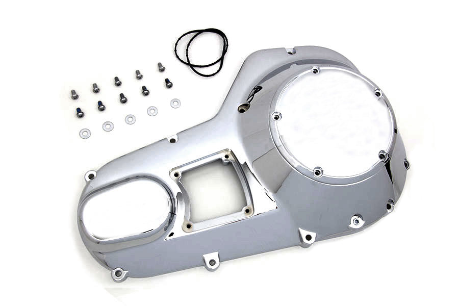 Motorshop Chrome Outer Primary Cover for Drive Line, shiny chrome finish, with mounting hardware visible.