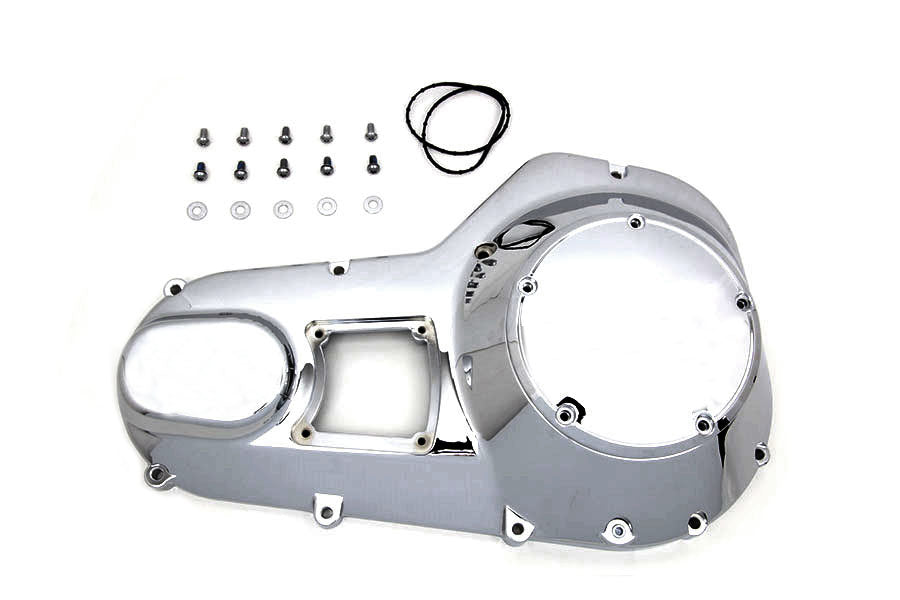 Chrome outer primary cover for motorcycle drive line by Motorshop, featuring a sleek polished finish and durable construction.