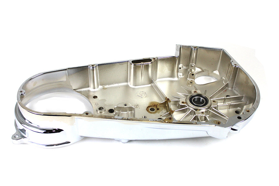 V-Twin chrome FX inner primary cover for drive line, showcasing a shiny, polished motorcycle engine component.