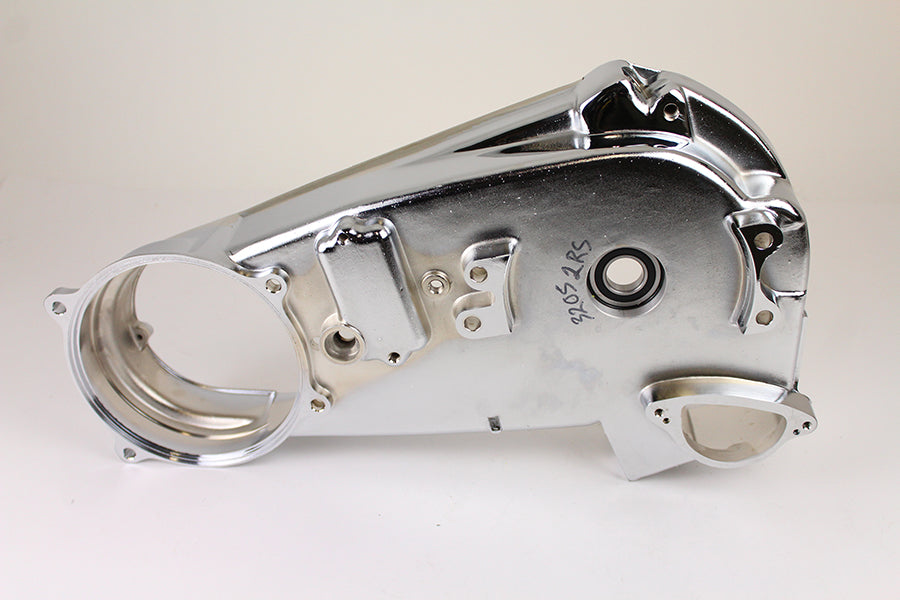 V-Twin chrome FX inner primary cover for motorcycle drive line, featuring shiny chrome finish and detailed design.