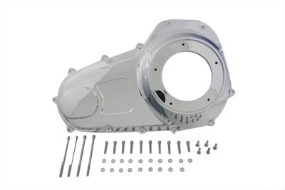 Motorshop Chrome Outer Primary Cover Kit for drive line, showcasing a shiny chrome finish on a motorcycle primary cover.