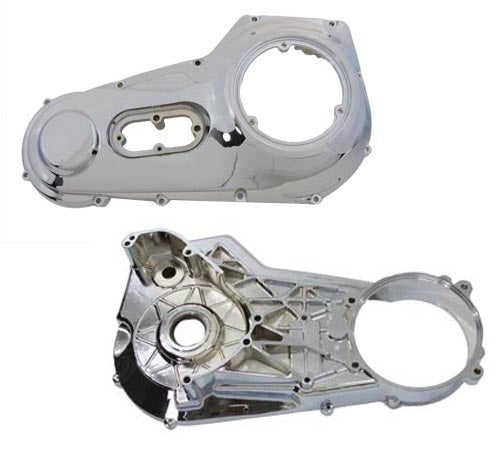 V-TWIN chrome inner and outer primary cover set for drive line, showcasing polished, detailed motorcycle primary covers.