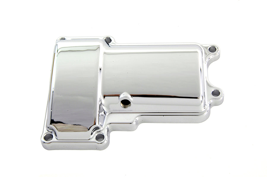 Chrome transmission top cover for Motorshop transmission, featuring a shiny, reflective finish and detailed design.