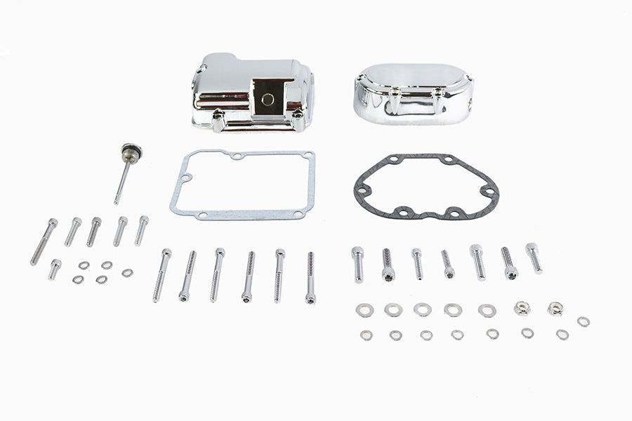 Chrome V-Twin transmission side and top cover set for motorcycle, showcasing the polished, reflective finish of the covers.
