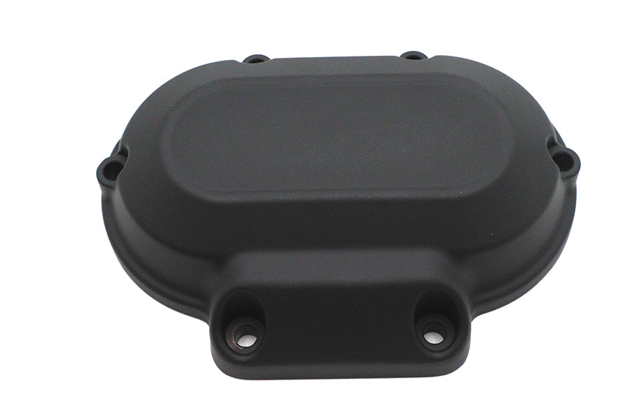 V-Twin drive line transmission side cover, metal motorcycle part with mounting holes and detailed finish.