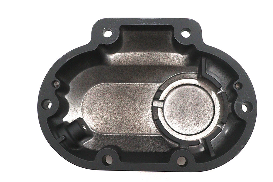 V-TWIN drive line transmission side cover, motorcycle engine accessory, with detailed metal finish and bolt holes for installation.