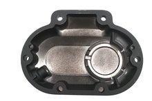 Load image into Gallery viewer, V-TWIN drive line transmission side cover, motorcycle engine accessory, with detailed metal finish and bolt holes for installation.