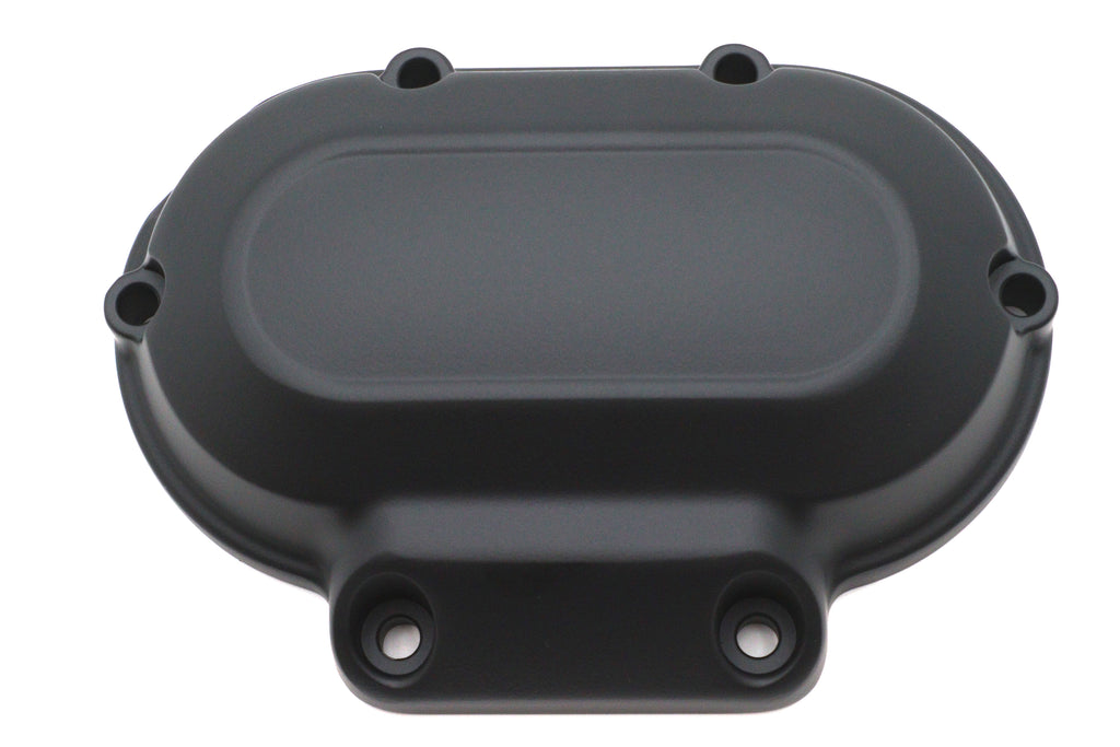 V-Twin drive line transmission side cover with detailed metal finish, designed for motorcycle V-Twin models.