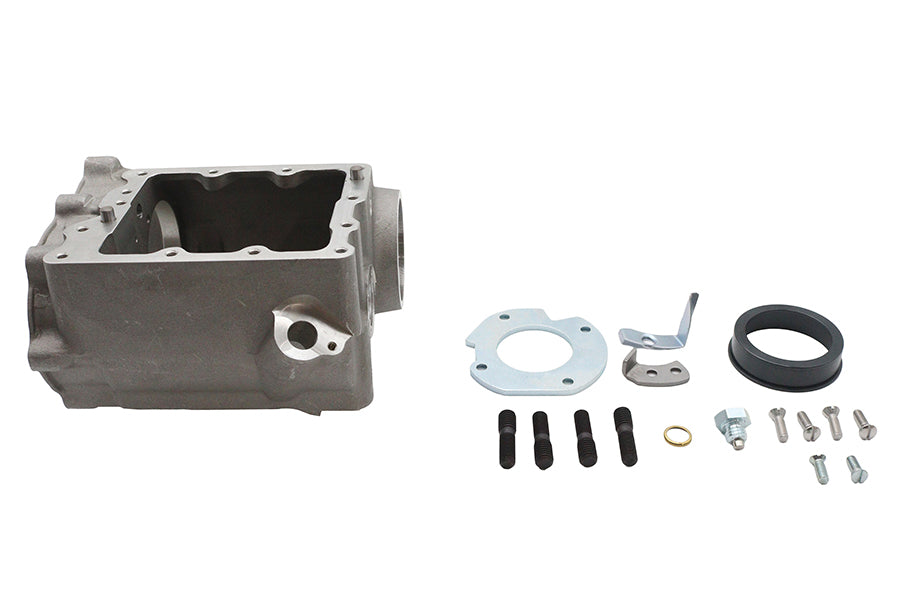 V-Twin 4-speed prepped transmission case for motorcycle, showcasing metal casing with mounting points and internal components.
