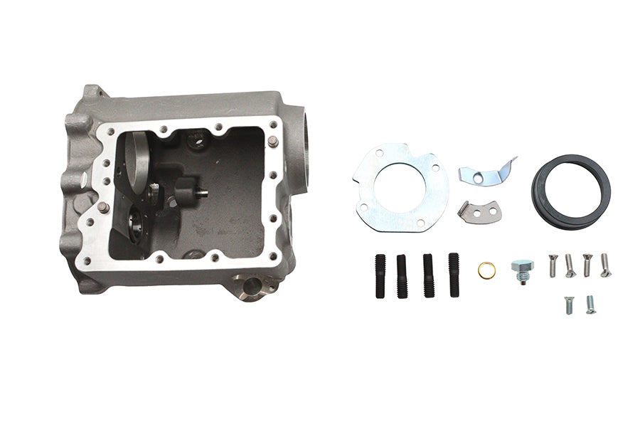 V-Twin 4-speed prepped transmission case for motorcycles, showcasing metal casing with mounting points and gear openings.