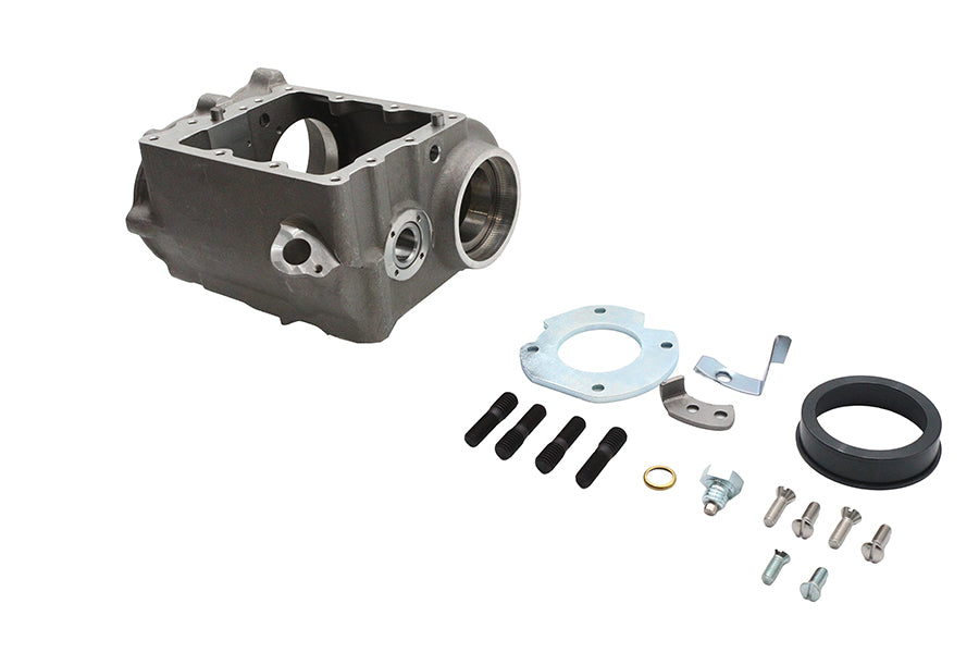 V-Twin 4-speed prepped transmission case for motorcycle, showing metal casing with mounting points and gear openings.