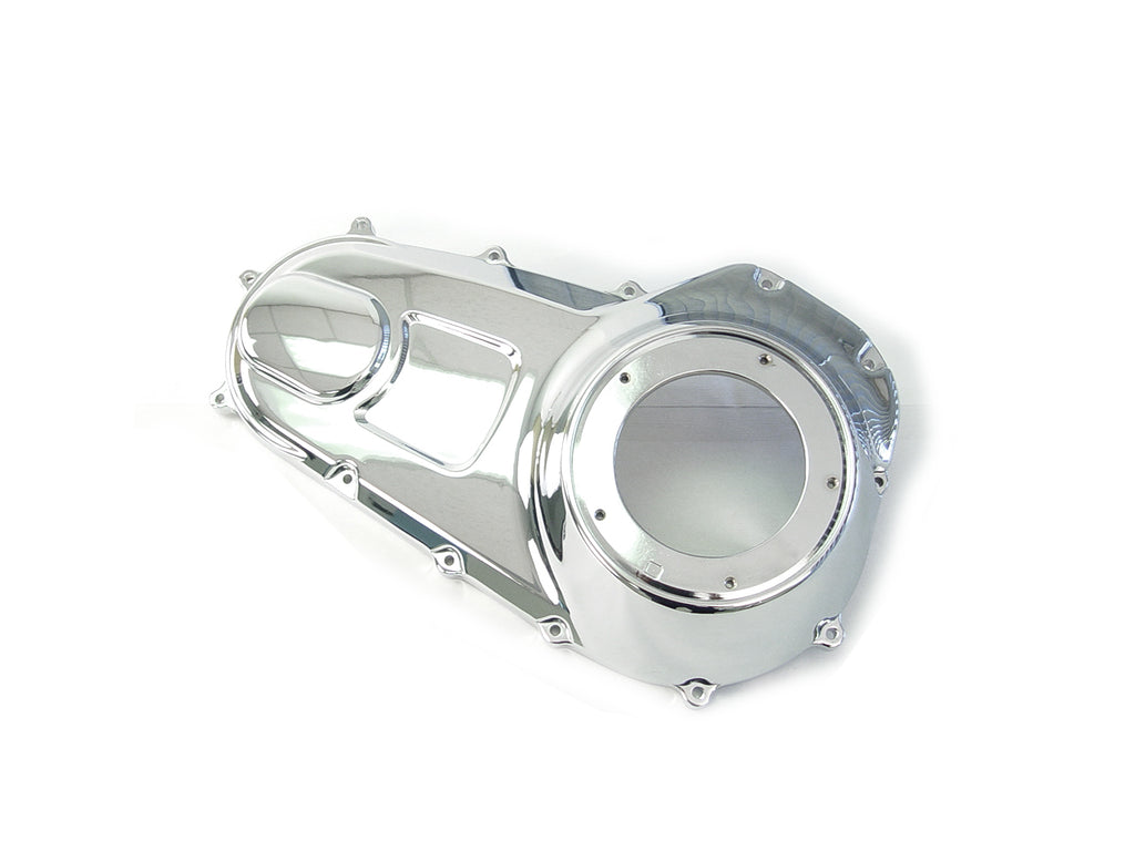 Chrome outer primary cover for drive line from Motorshop, showcasing a shiny, polished finish on a motorcycle engine component.
