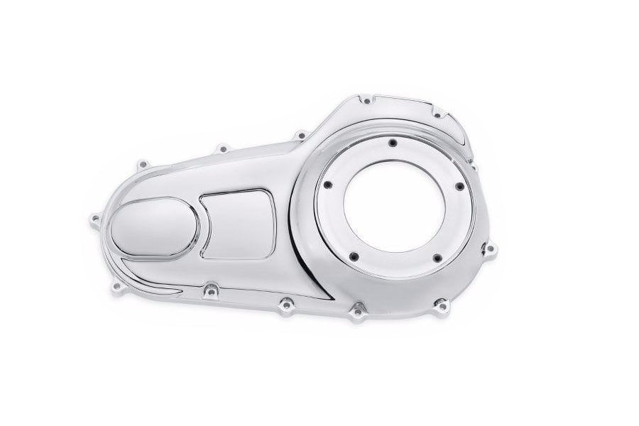 Chrome narrow profile outer primary cover for drive line from Motorshop, showcasing polished metal finish and detailed design.