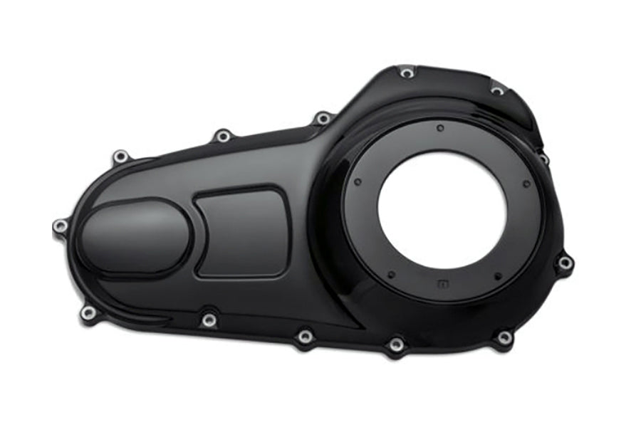 Motorshop black narrow profile outer primary cover for drive line systems, shown on a motorcycle engine.
