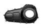 Motorshop black narrow profile outer primary cover for drive line systems, shown on a motorcycle engine.
