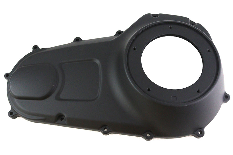 V-TWIN black outer primary cover for drive line, showcasing a sleek, durable motorcycle part with a smooth finish.