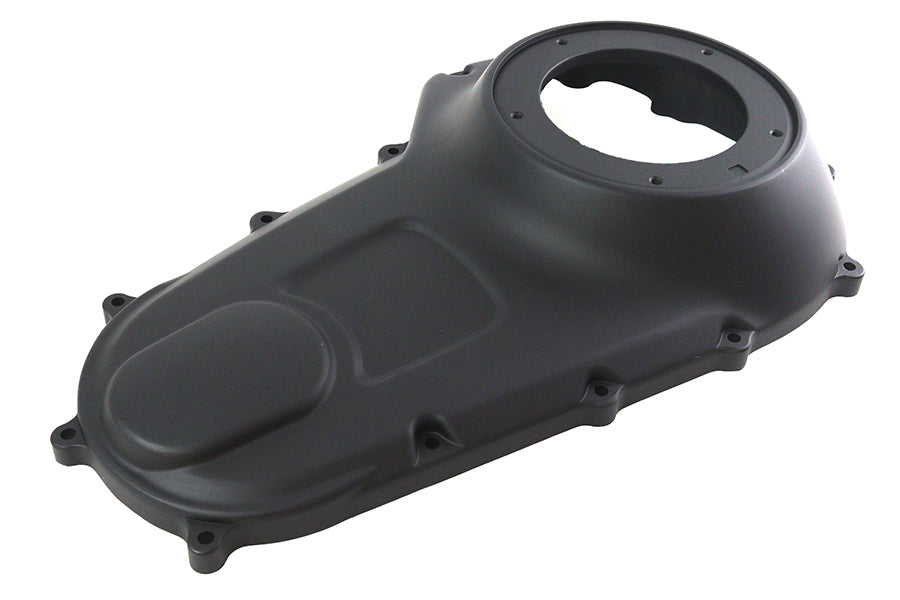 V-Twin black outer primary cover for motorcycle drive line, showing detailed metal finish and mounting holes.