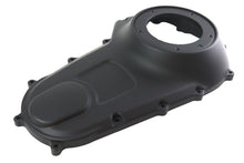 Load image into Gallery viewer, V-Twin black outer primary cover for motorcycle drive line, showing detailed metal finish and mounting holes.