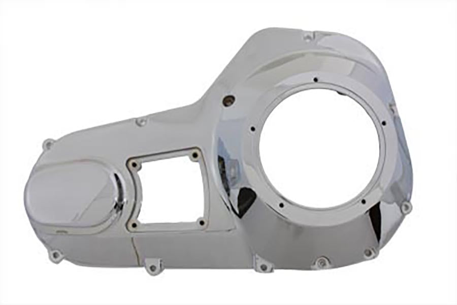 Motorshop Chrome Outer Primary Cover for Drive Line, factory sample, with polished chrome finish, showcasing detailed craftsmanship.
