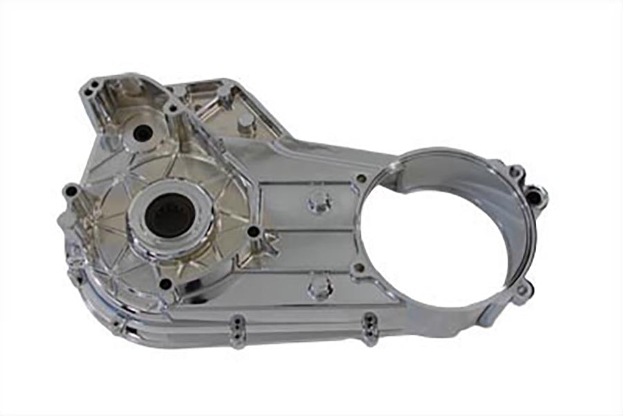 V-Twin OE chrome inner primary cover for V-Twin factory sample drive line motorcycle, showcasing polished chrome finish.