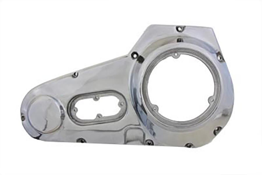 Polished V-Twin Factory Sample Outer Primary Cover for V-Twin drive line motorcycle, showcasing a sleek, shiny finish.