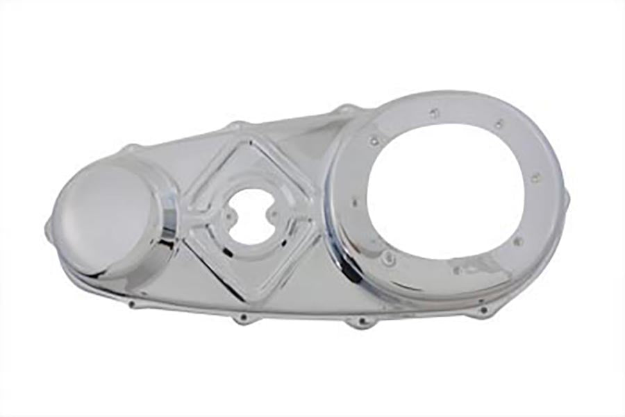 V-Twin factory sample chrome outer primary cover for V-twin drive line motorcycle engine, featuring polished chrome finish.